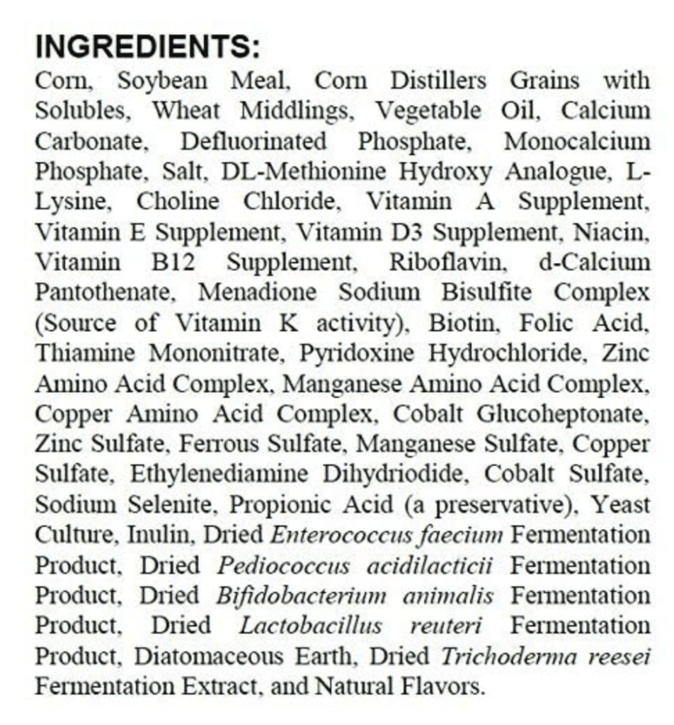 chicken feed ingredient label